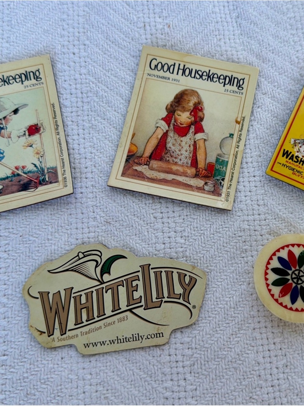5 Collectible Advertising Magnets Vintage Style - Good Housekeeping, White Lily